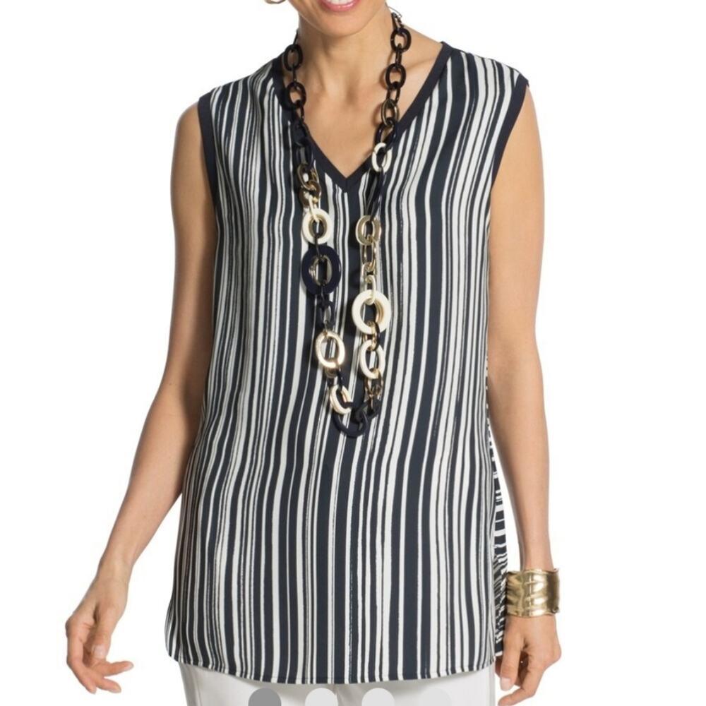 Chico's Black Label Sleeveless Blouse Vertical Horizontal Navy & White Stripes